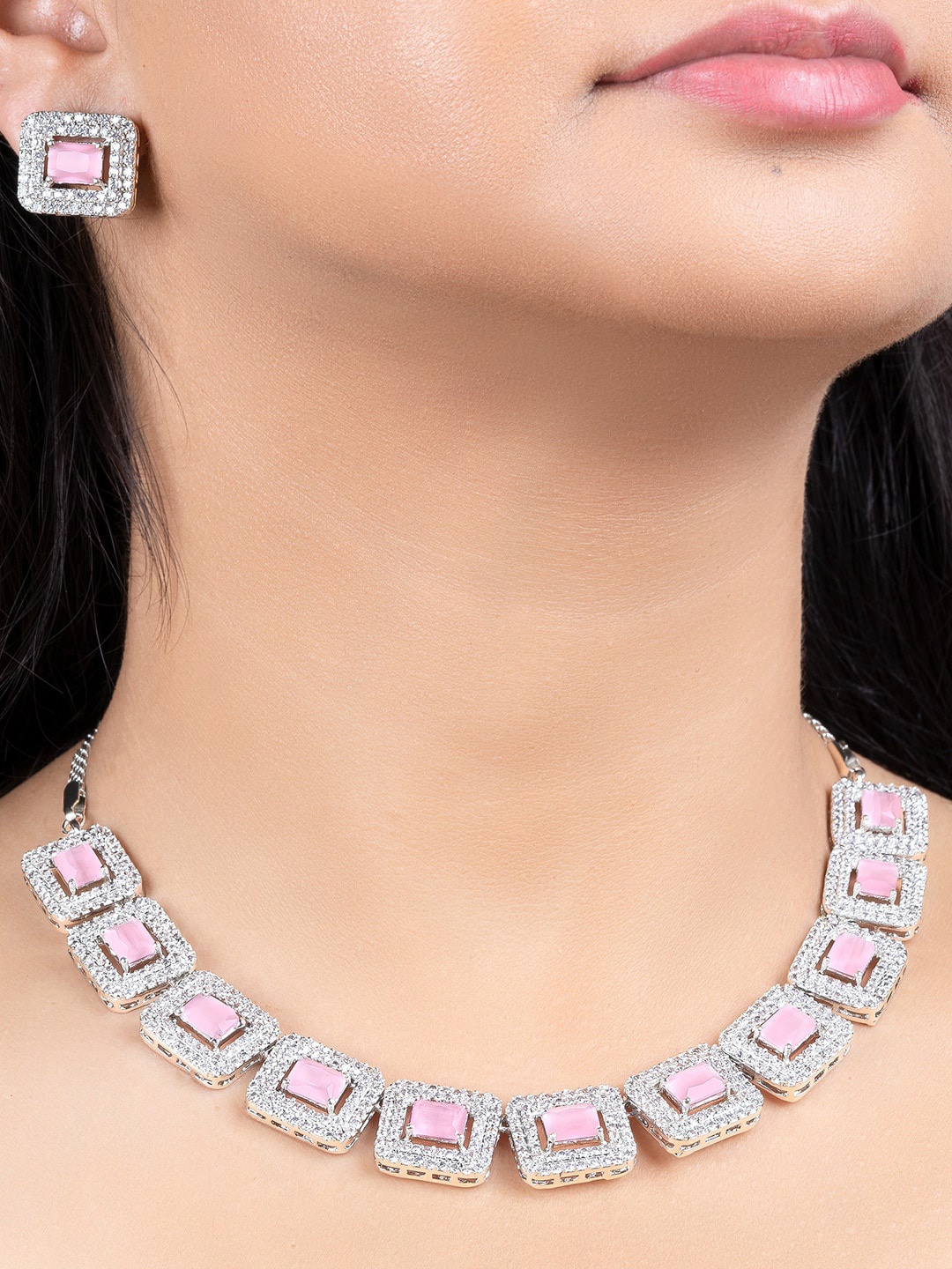 

Estele Rhodium Plated CZ Ravishing Necklace Set with Mint Pink Crystals