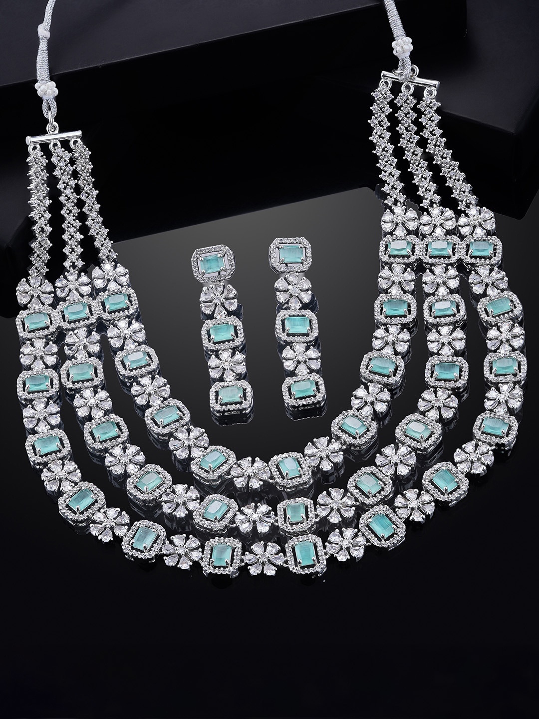 

Estele Rhodium Plated CZ Magnificent 3 Line Necklace Set with Mint Green Stones for Women, Silver