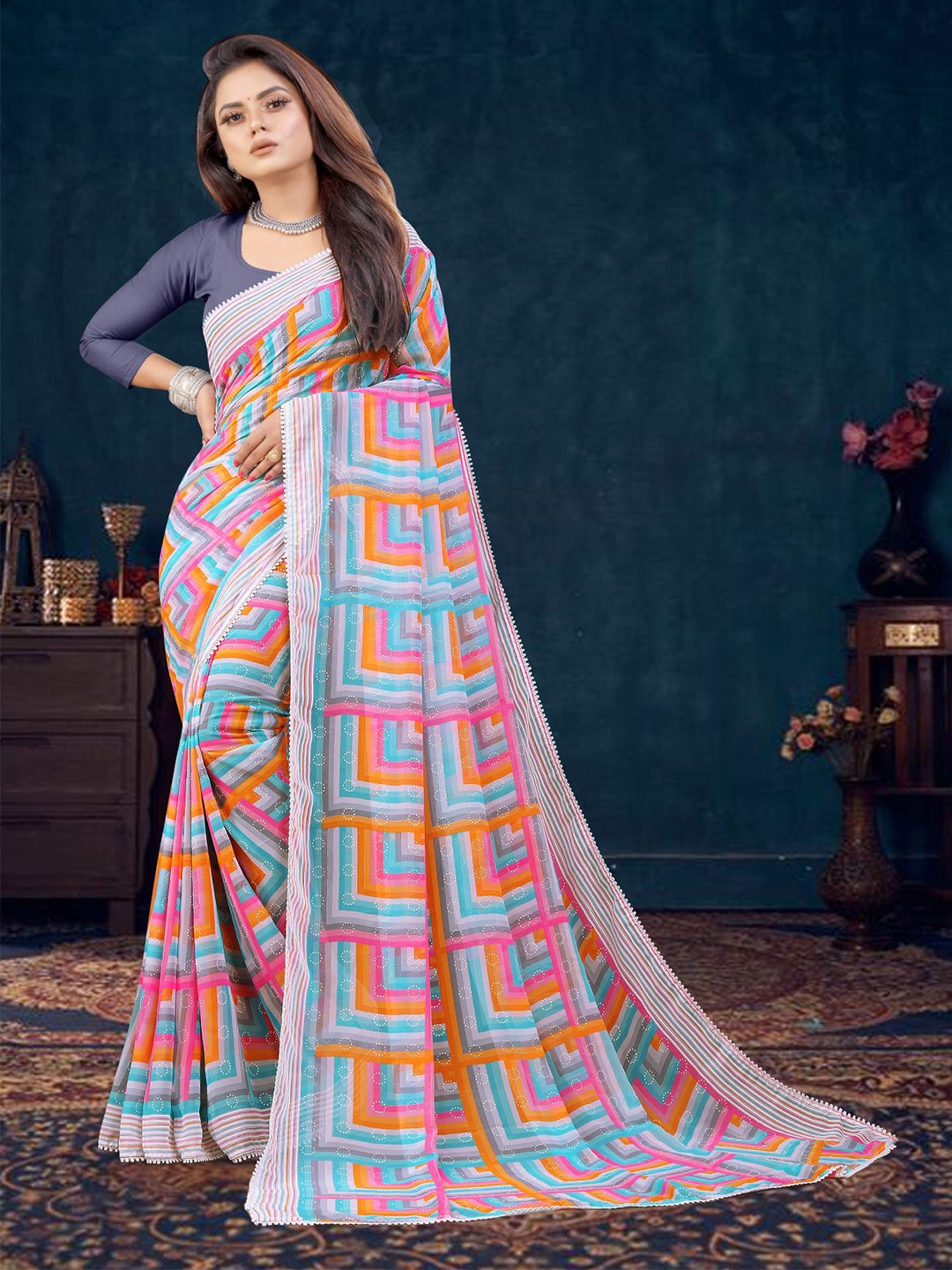 

VAIRAGEE Geometric Printed Poly Georgette Saree, Blue