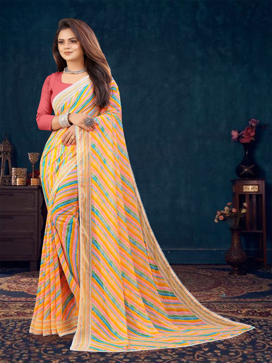 

VAIRAGEE Leheriya Printed Embellished Saree, Yellow