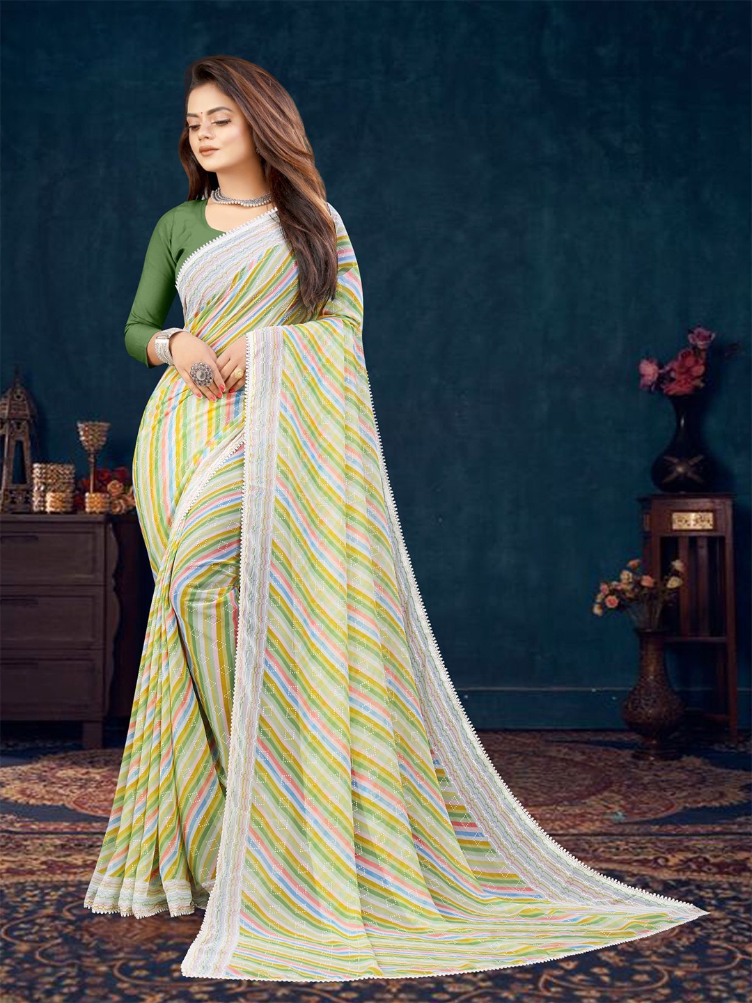 

VAIRAGEE Leheriya Printed Poly Georgette Saree, Green