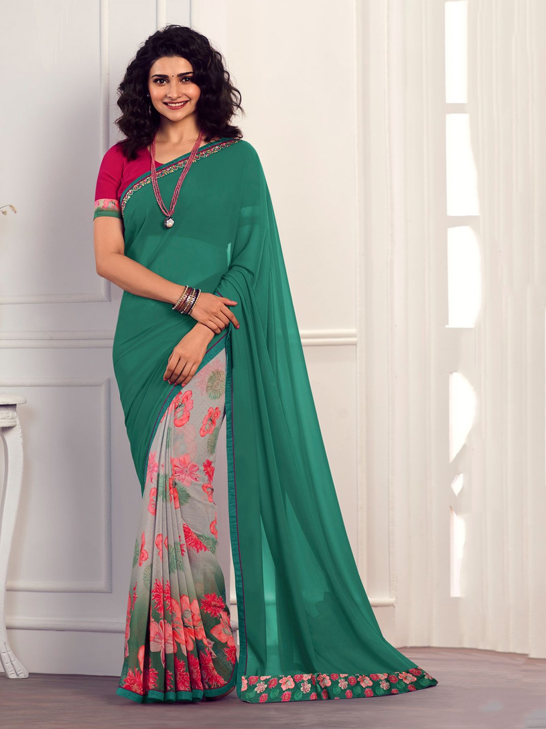 

VAIRAGEE Floral Printed Poly Georgette Half and Half Saree, Green