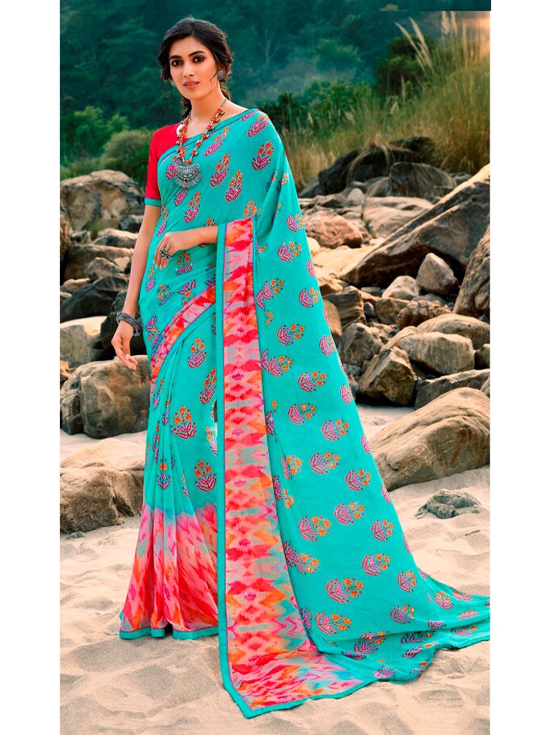 

VAIRAGEE Floral Printed Poly Georgette Saree, Blue