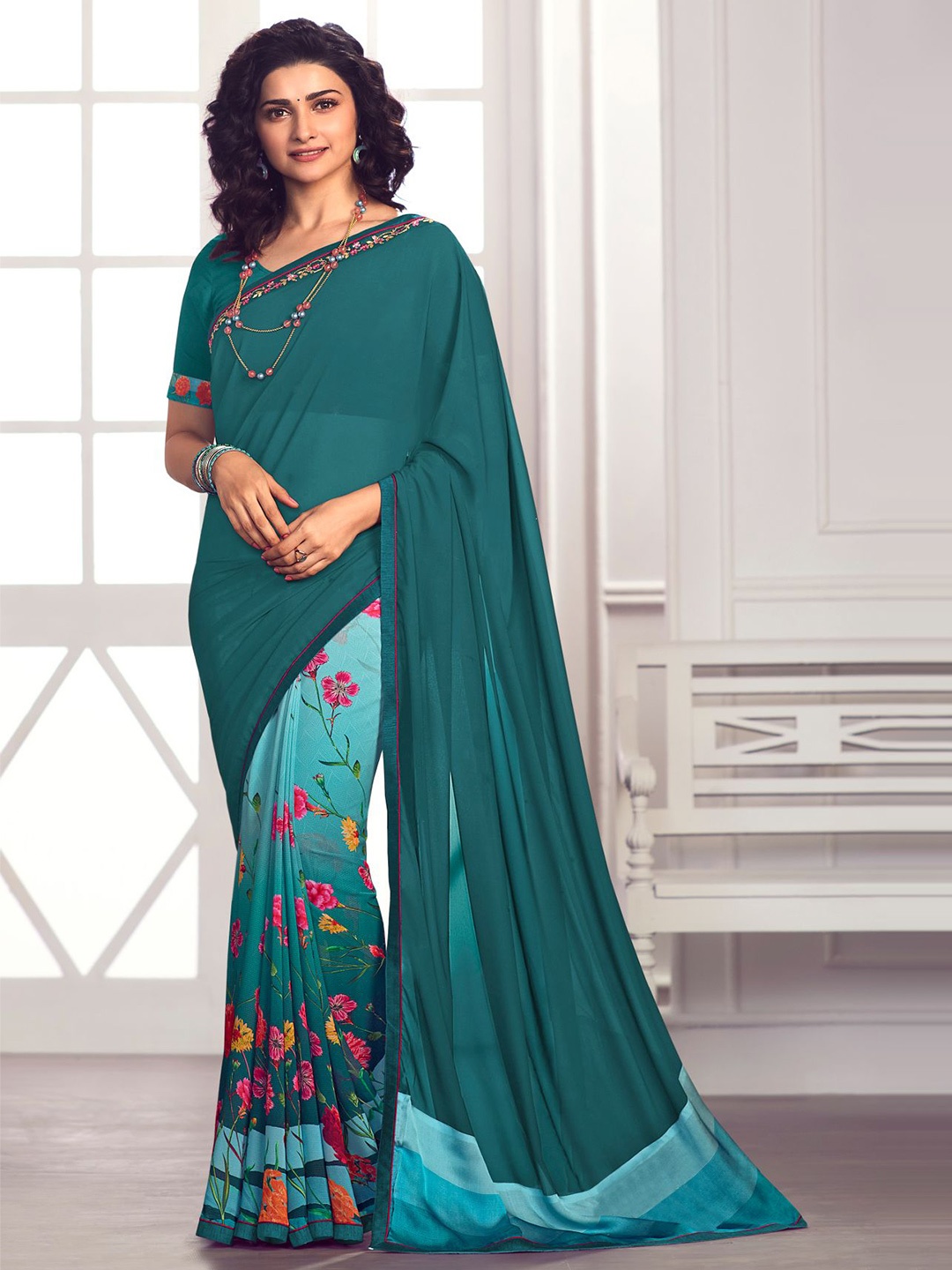 VAIRAGEE Floral Printed Poly Georgette Half and Half Saree, Blue