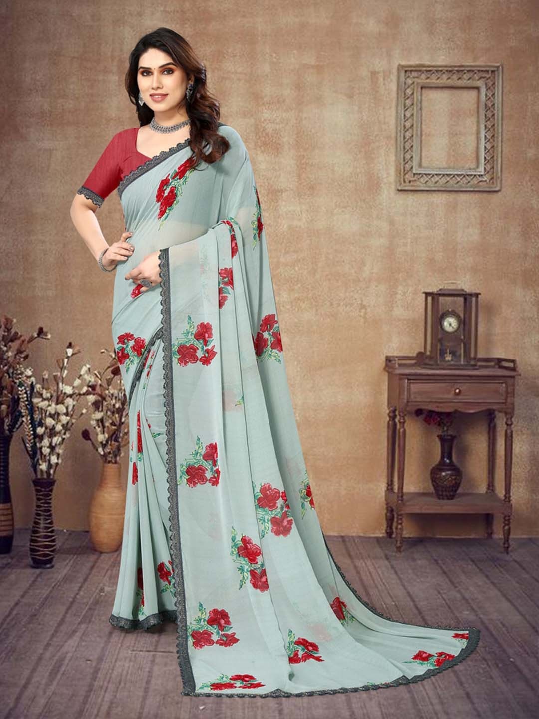 

VAIRAGEE Floral Poly Georgette Saree, Turquoise blue