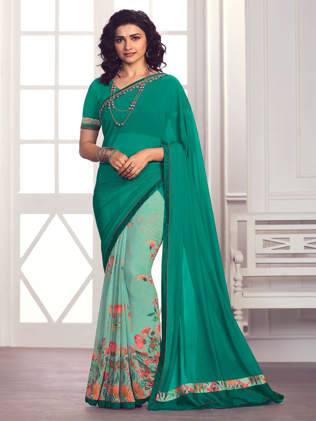 

VAIRAGEE Floral Printed Embroidered Half And Half Saree, Turquoise blue