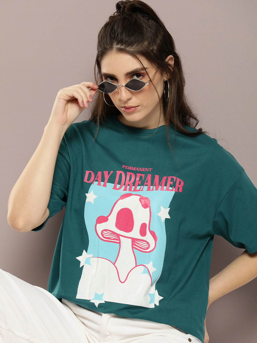 

Kook N Keech Printed Drop-Shoulder Sleeves Pure Cotton Oversized T-shirt, Teal