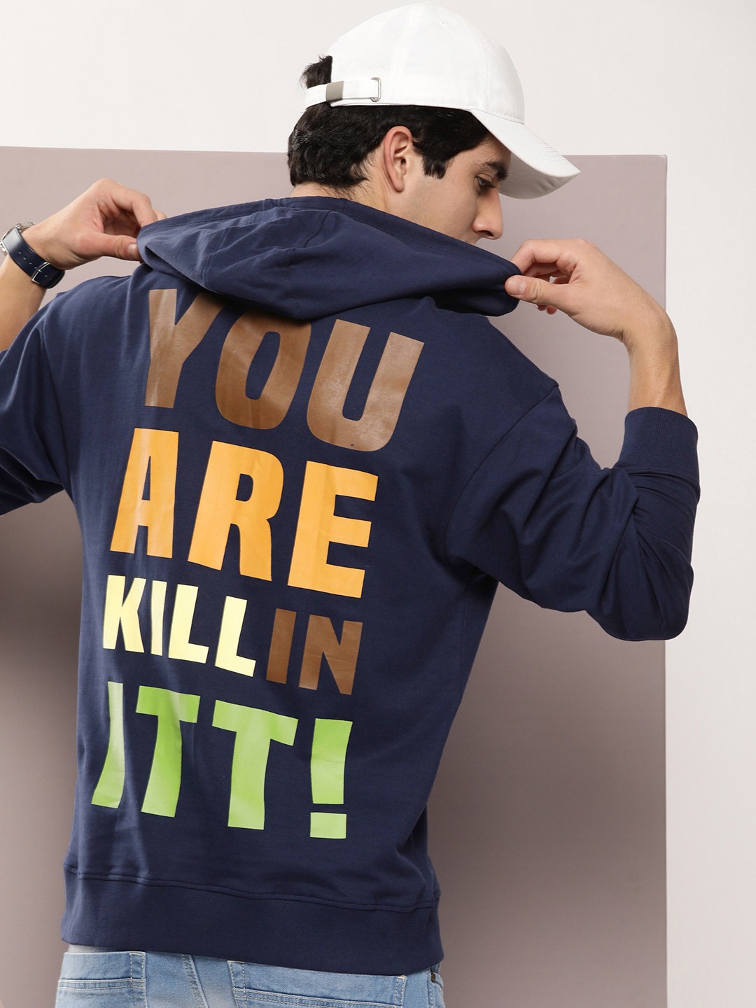 

Kook N Keech Typography Printed Pure Cotton Hooded Sweatshirt, Navy blue