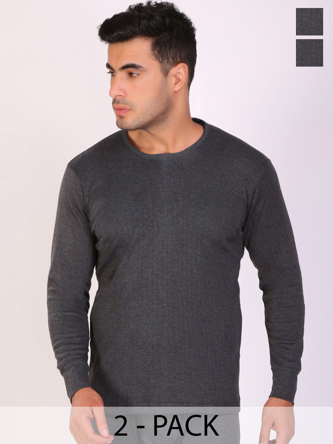 

T.T. Pack Of 2 Anthra Slim Fit Round Neck Solid Desire Thermal Top, Charcoal