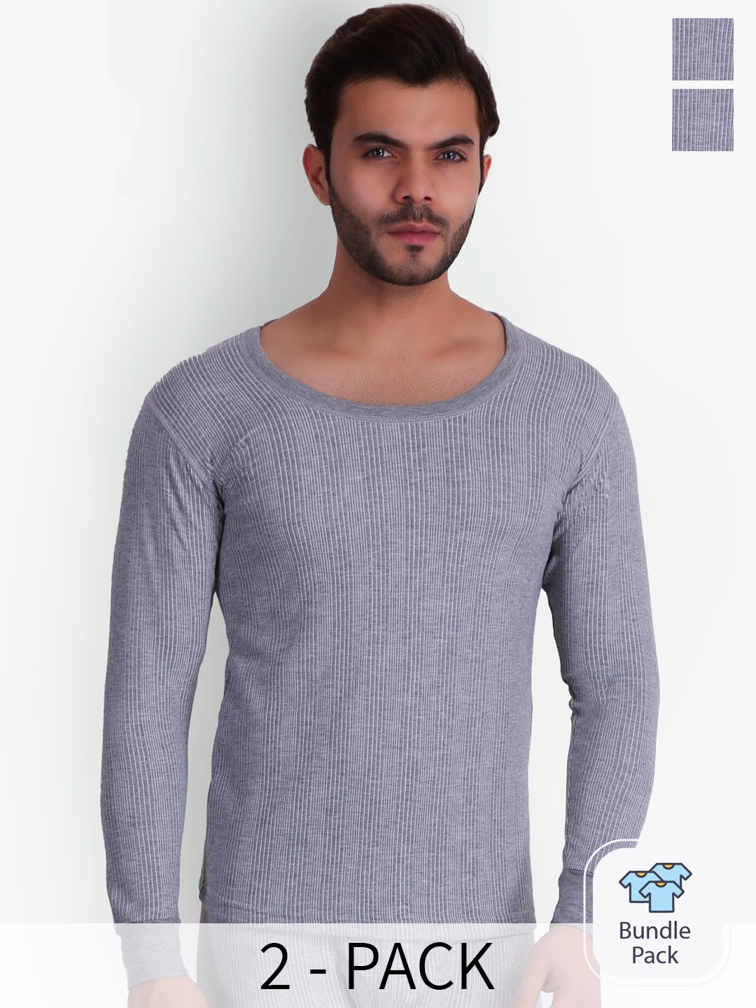 

T.T. Elite Pack Of 2 Ribbed Round Neck Long Sleeves Thermal Top, Grey melange