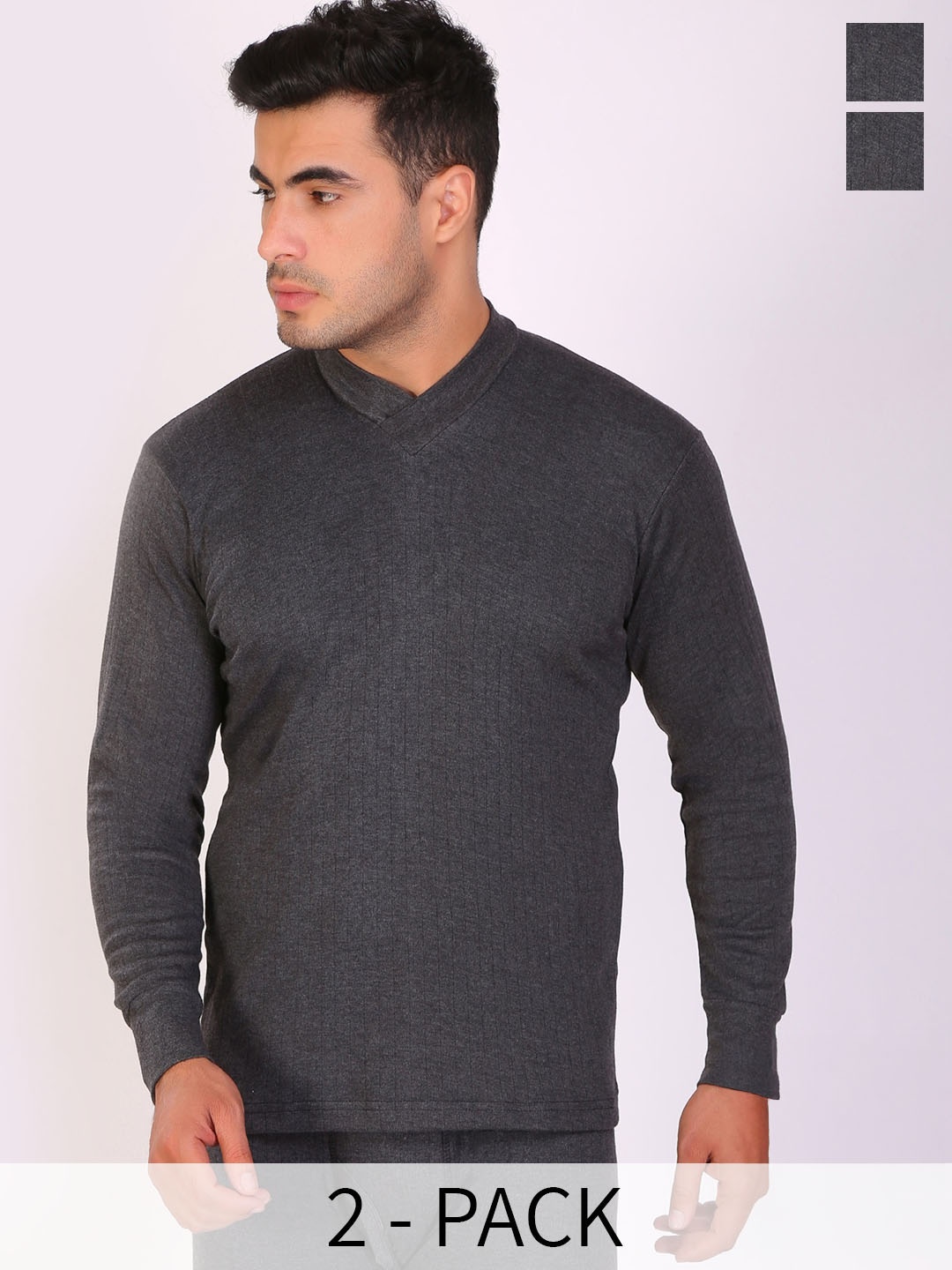 

T.T. Pack Of 2 Anthra Slim Fit V-Neck Thermal Top, Charcoal