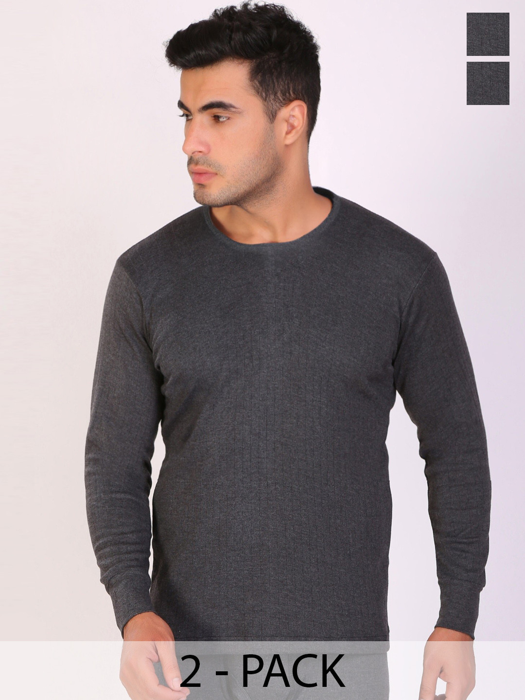 

T.T. Pack Of 2 Desire Anthra Round Neck Long Sleeves Slim Fit Thermal Top, Charcoal