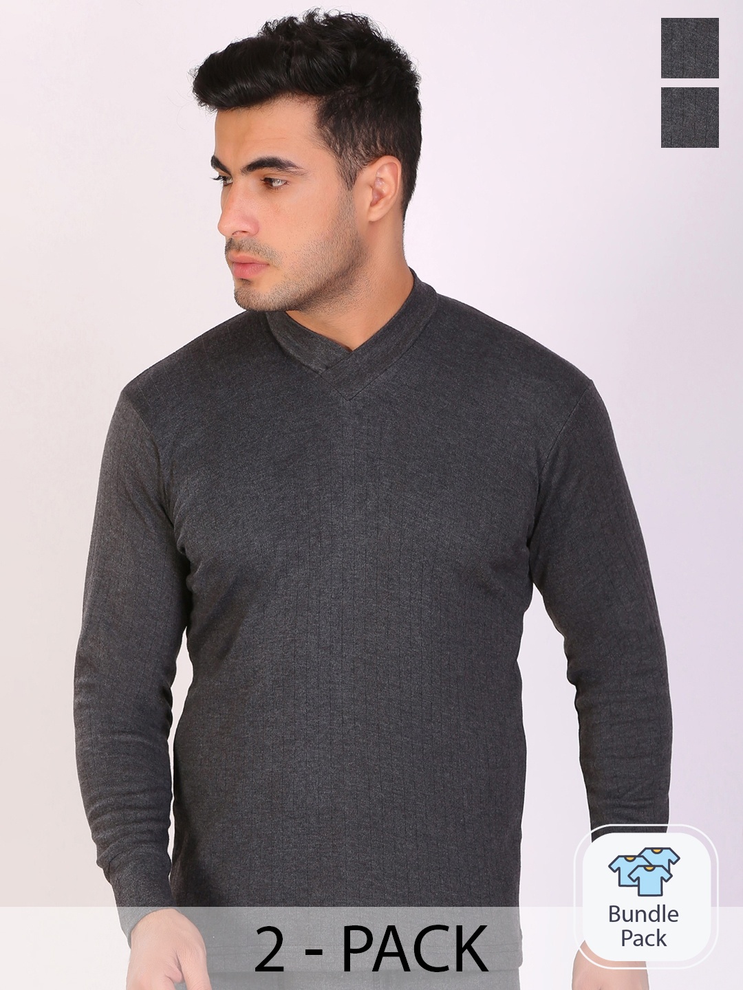 

T.T. Pack Of 2 Anthra Slim Fit V-Neck Desire Thermal Top, Charcoal