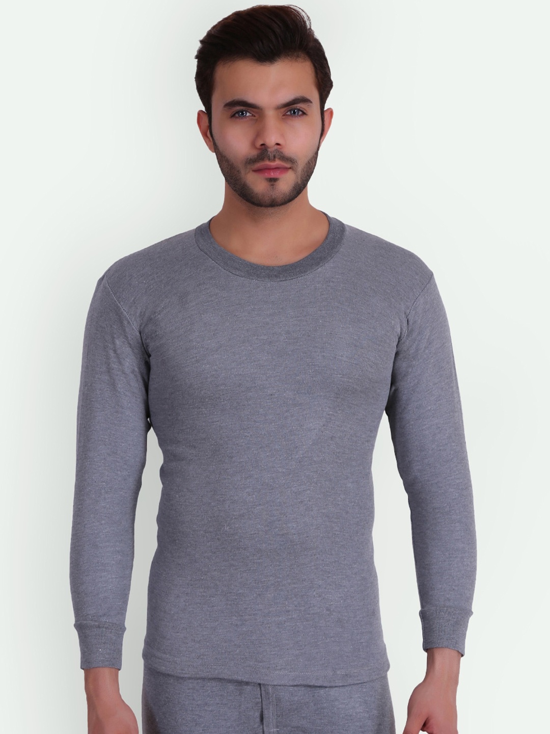 

T.T. Round Neck Slim Fit Solid Titanic Thermal Top, Grey melange