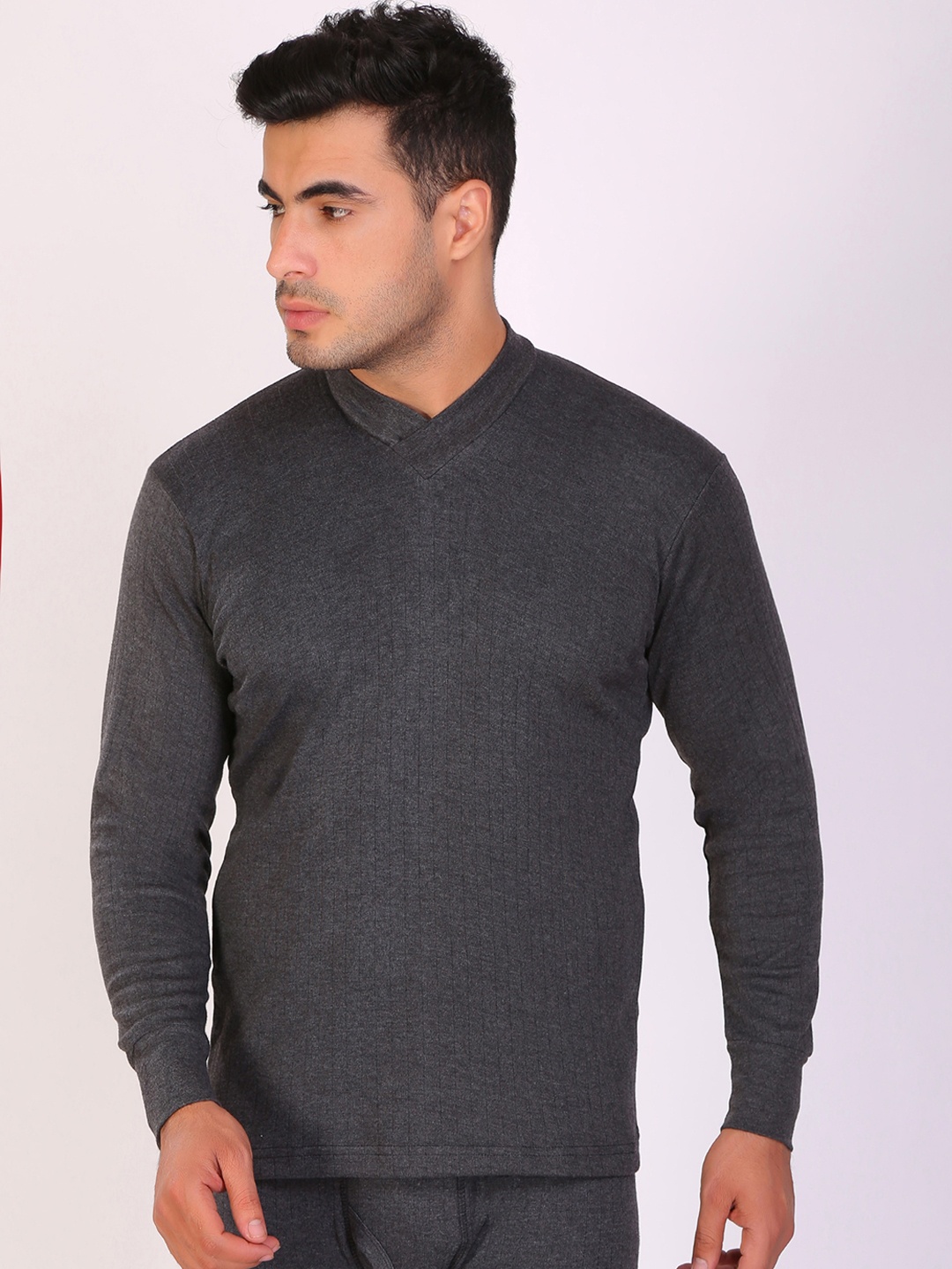 

T.T. Mens Desire Anthra Slim Fit V-Neck Solid Thermal Top, Charcoal