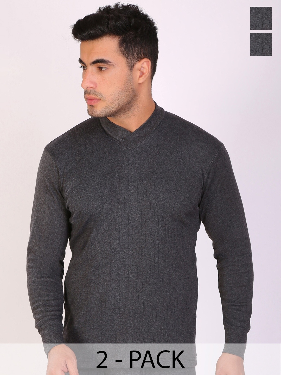 

T.T. Pack Of 2 Anthra V-Neck Long Sleeves Slim Fit Thermal Top, Charcoal