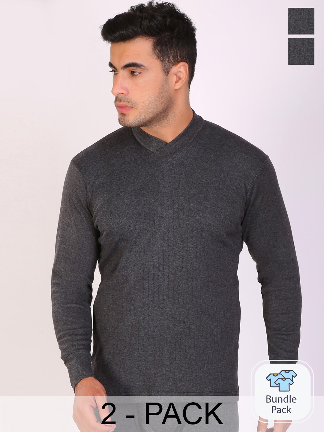 

T.T. Mens Desire Anthra Slim Fit V-Neck Solid Thermal Top Pack of 2, Charcoal