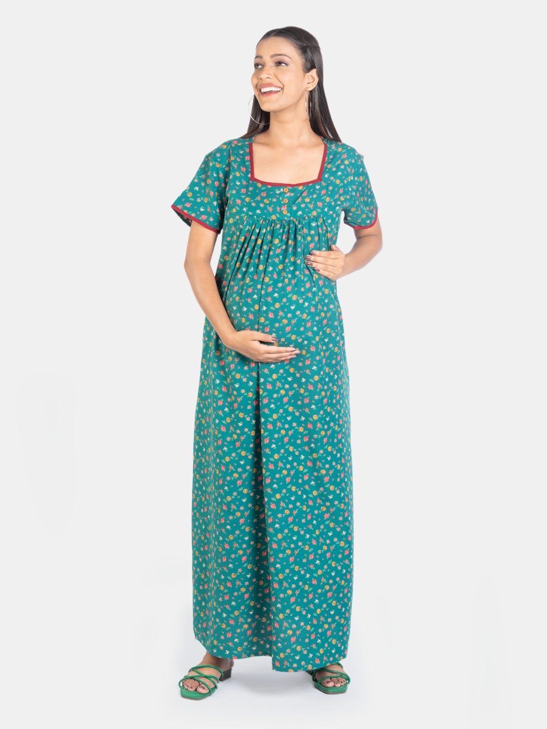 

Mylo Floral Printed Square Neck Pure Cotton Maternity Nightdress, Green