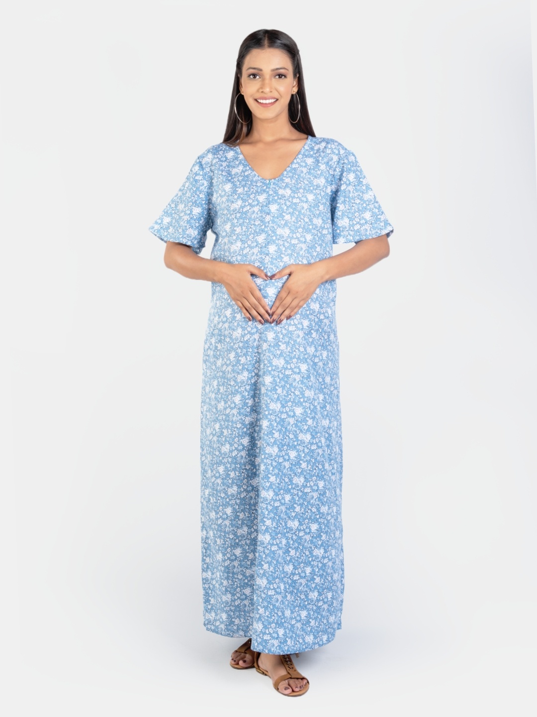 

Mylo Floral Printed Pure Cotton Maternity Nightdress, Blue