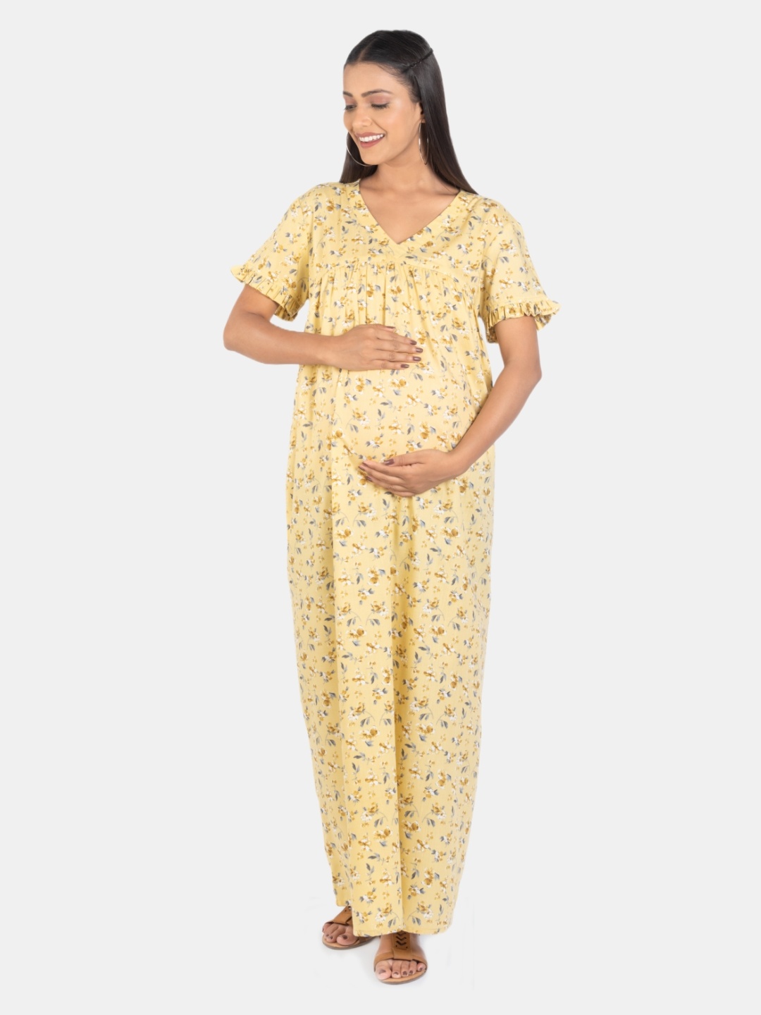 

Mylo Floral Printed Pure Cotton Maternity Nightdress, Yellow