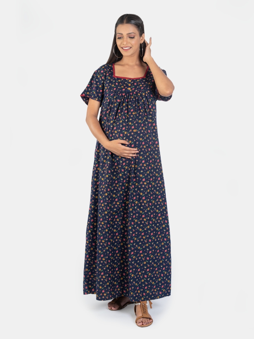 

Mylo Floral Printed Square Neck Pure Cotton Maternity Nightdress, Navy blue