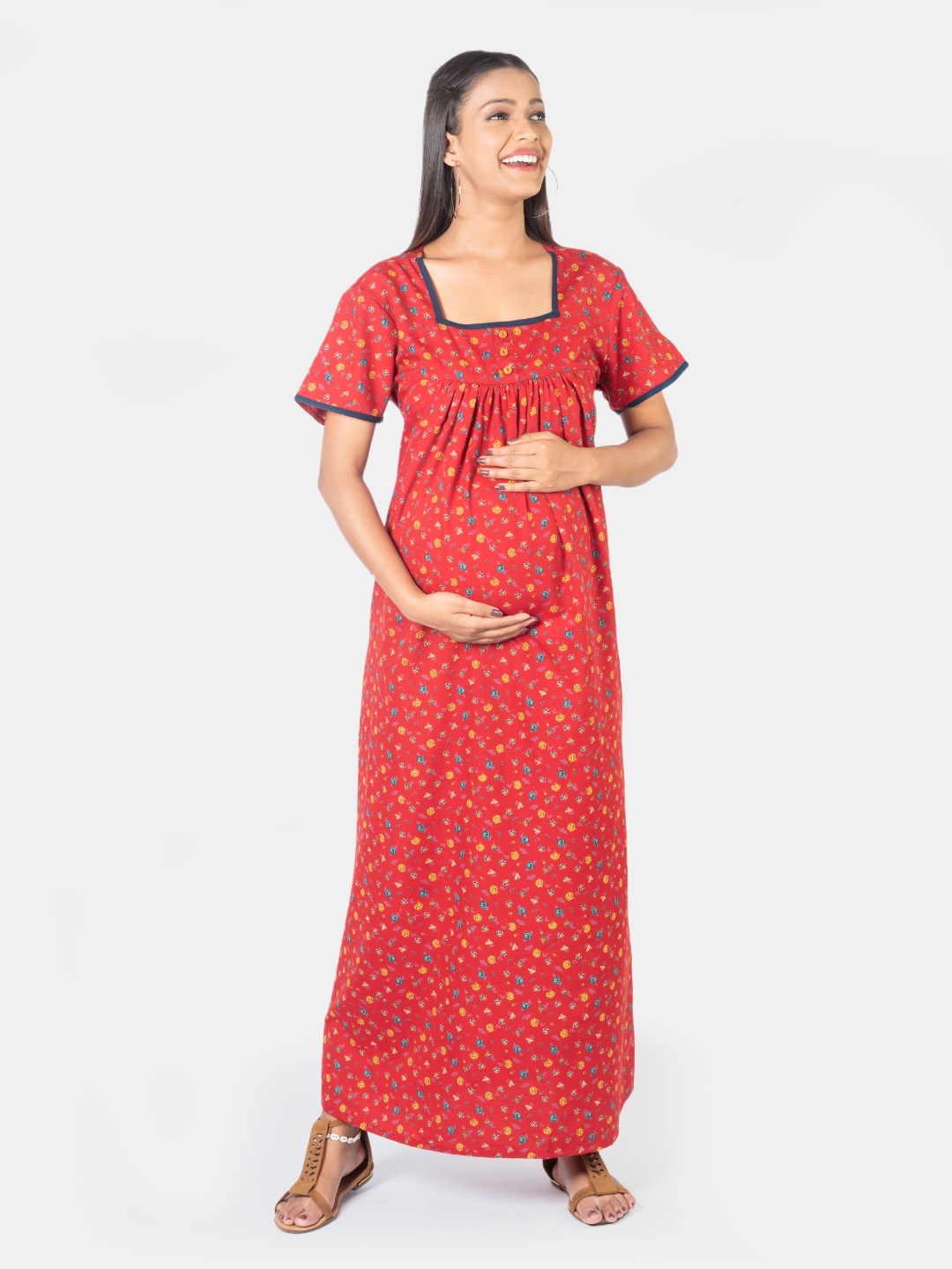 

Mylo Floral Printed Square Neck Pure Cotton Maternity Nightdress, Red