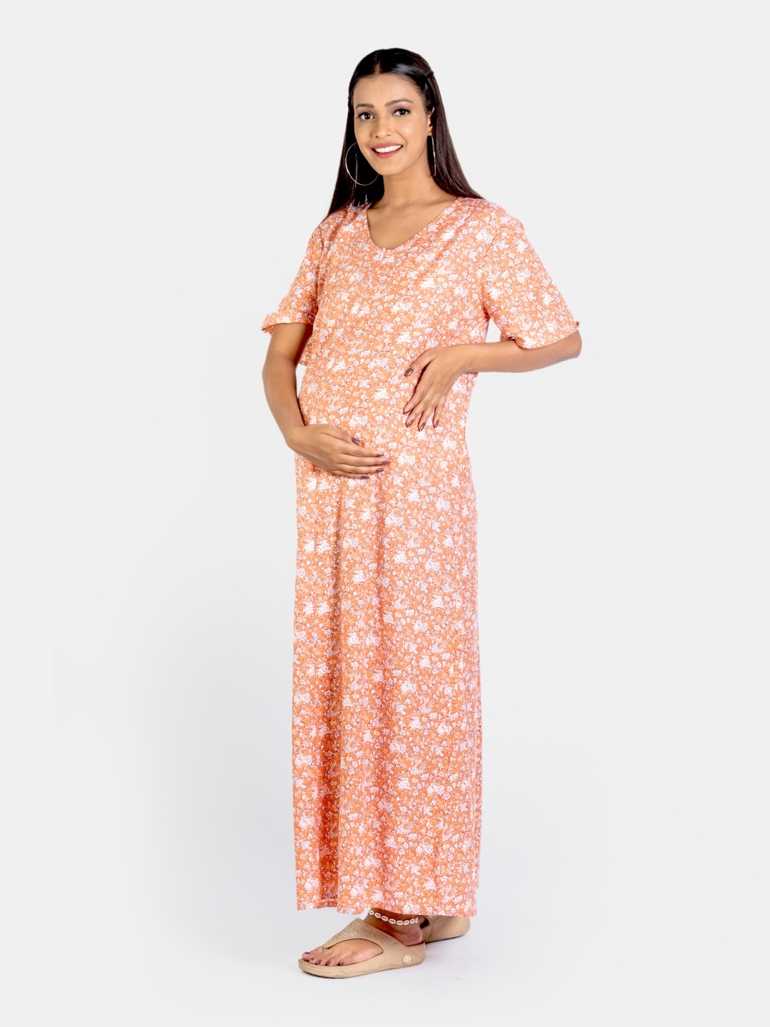 

Mylo Floral Printed Pure Cotton Maternity Nightdress, Orange