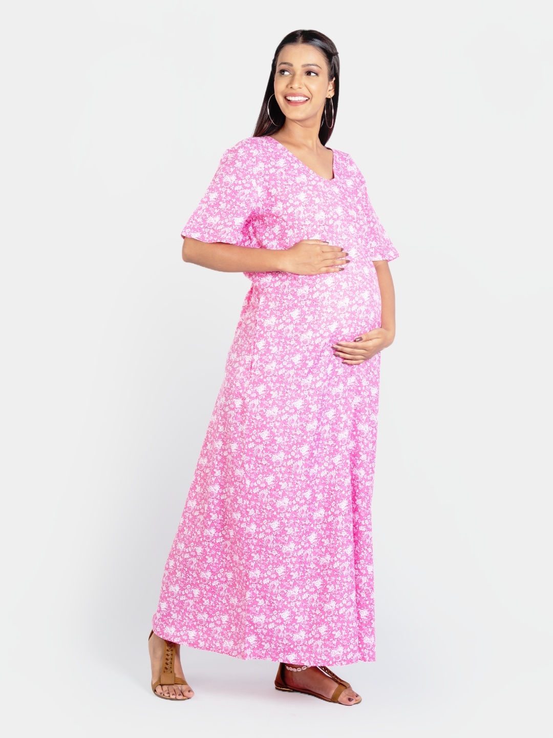 

Mylo Floral Printed Pure Cotton Maternity Nightdress, Pink