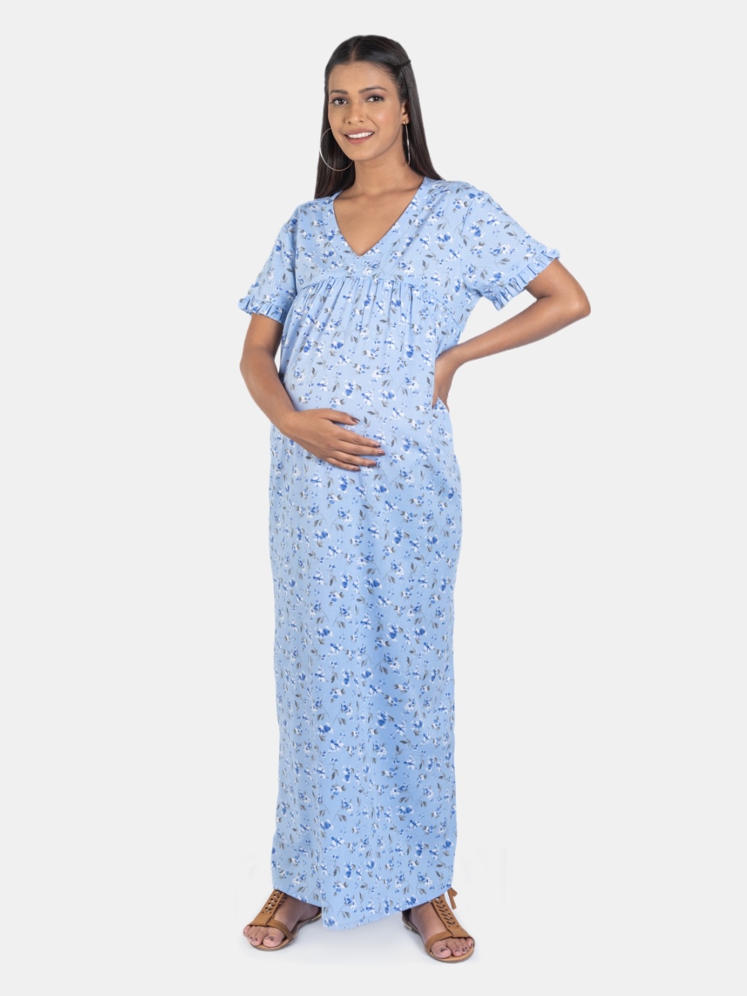 

Mylo Floral Printed Pure Cotton Maternity Nightdress, Blue