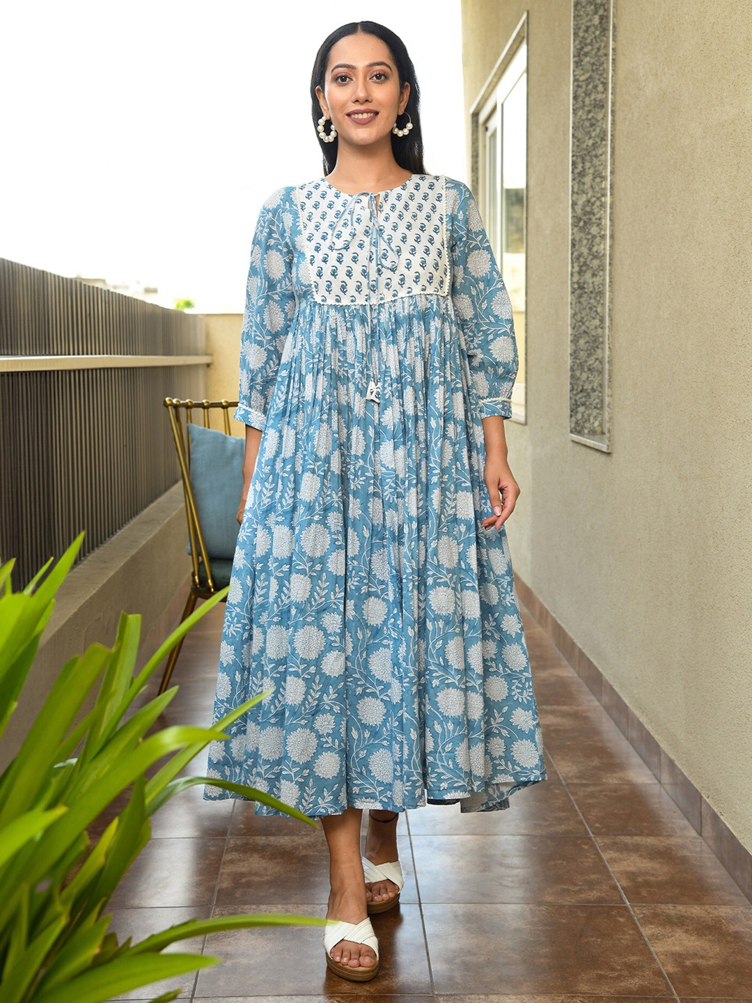 Mulmul Floral Printed Tie-Up Neck Puff Sleeve Gathered Cotton Midi Dress, Blue