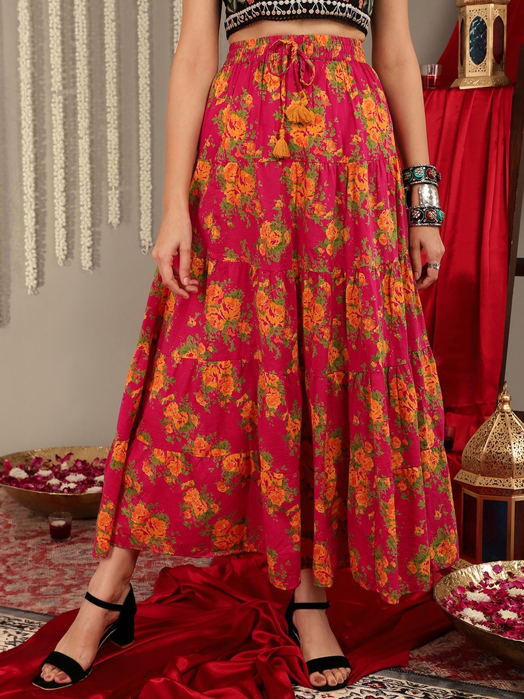 

Varanga Floral Printed Flared Maxi Skirt, Pink