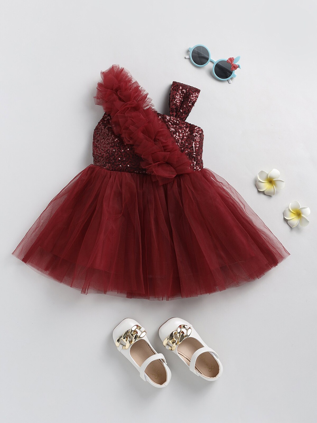 

SmartRAHO Girls Embellished Sequinned Net Fit & Flare Dress, Maroon