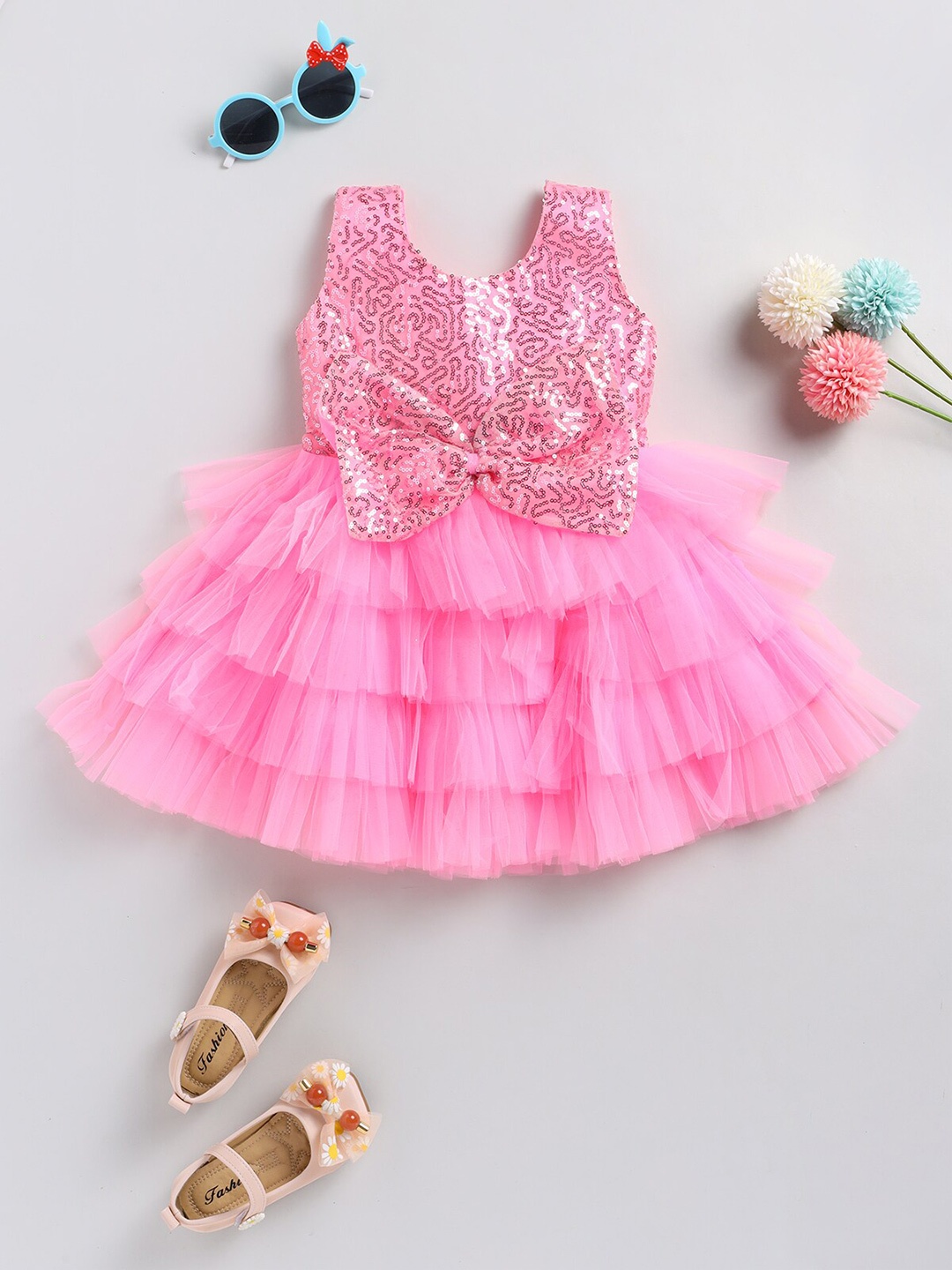 

SmartRAHO Girls Embellished Layered Net Fit & Flare Dress With Bow, Pink
