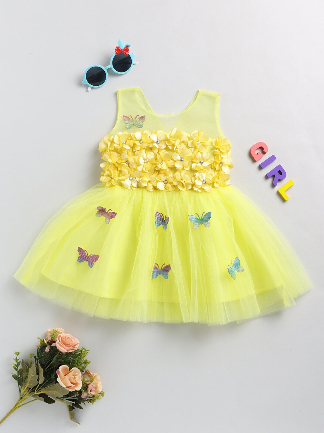 

SmartRAHO Girls Floral Net Fit & Flare Dress, Yellow