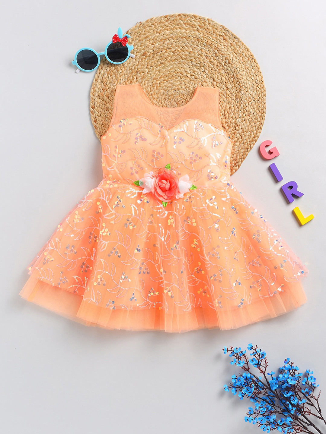 

SmartRAHO Girls Embroidered Floral Net Fit & Flare Dress With Flower Corsage, Orange