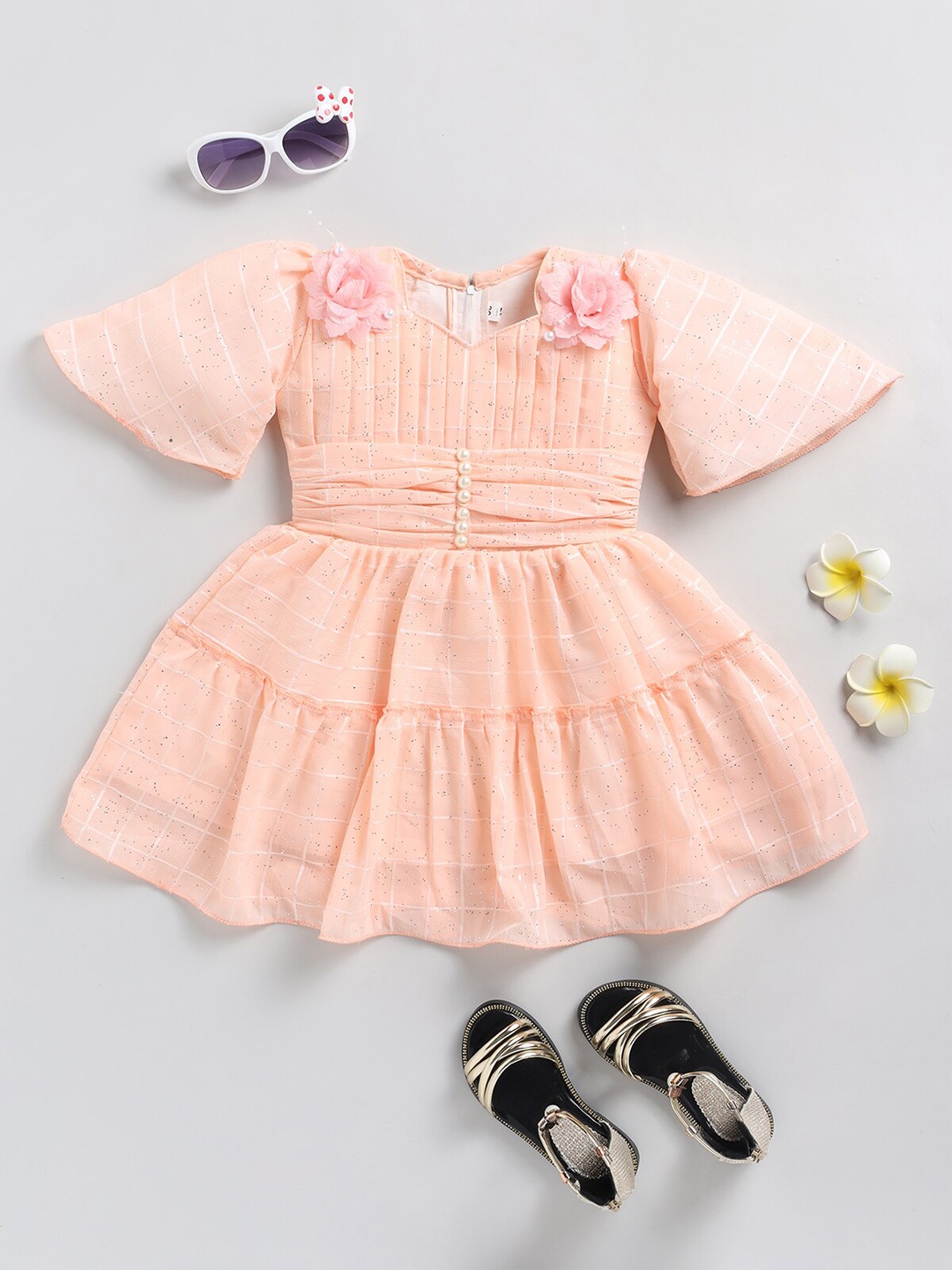 

SmartRAHO Girls Checked Flared Sleeves Sweetheart Neck Net Fit & Flare Dress With Corsage, Orange
