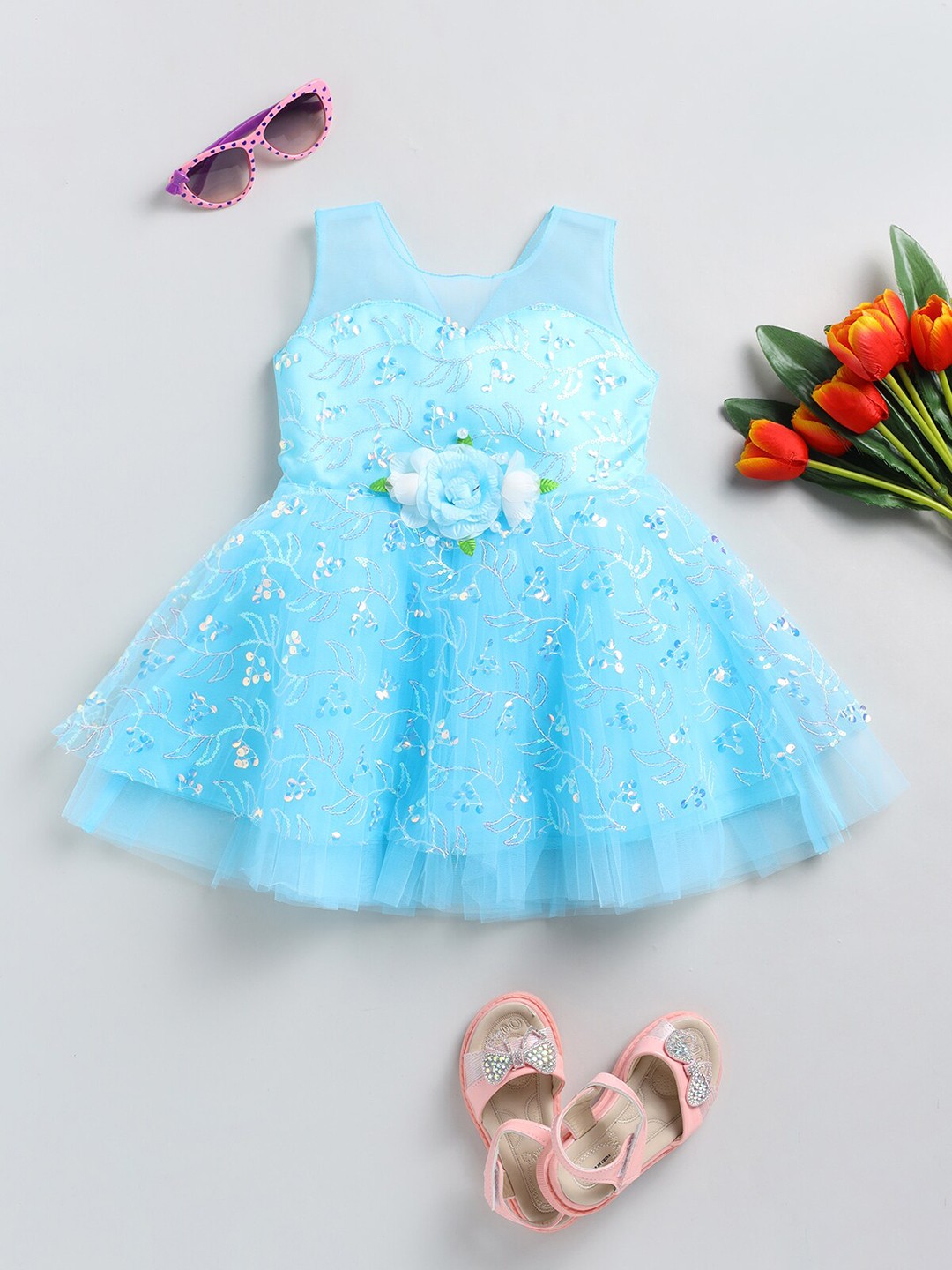 

SmartRAHO Girls Embroidered Floral Net Fit & Flare Dress With Flower Corsage, Turquoise blue