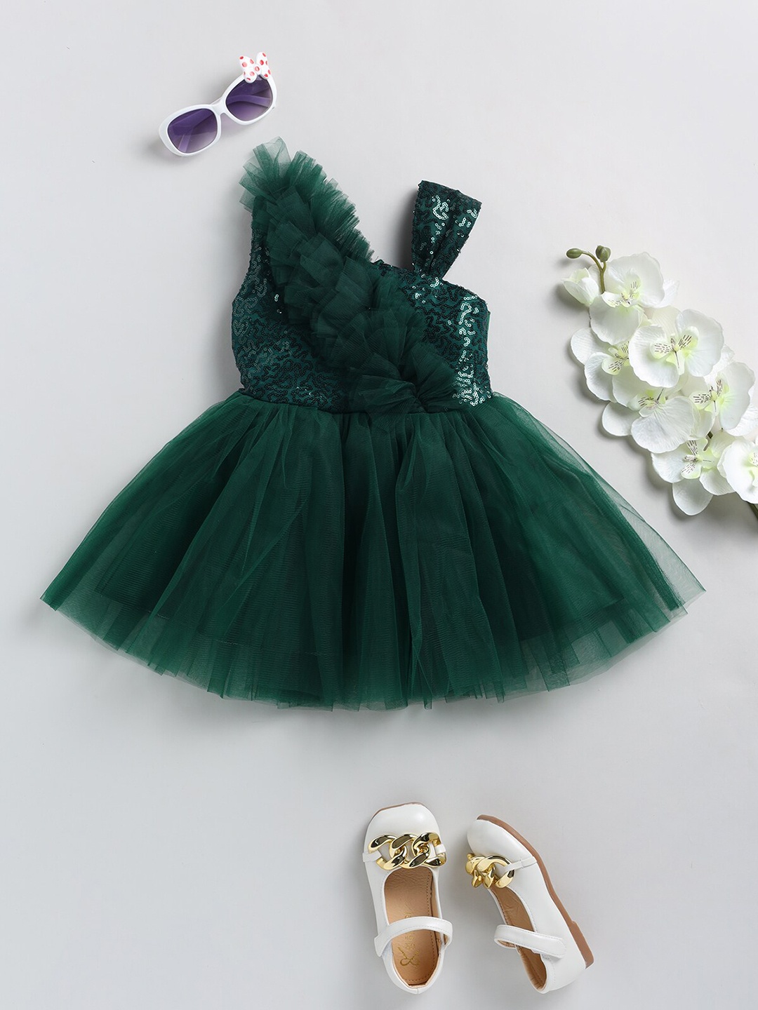 

SmartRAHO Girls Embellished Sequinned Net Fit & Flare Dress, Green
