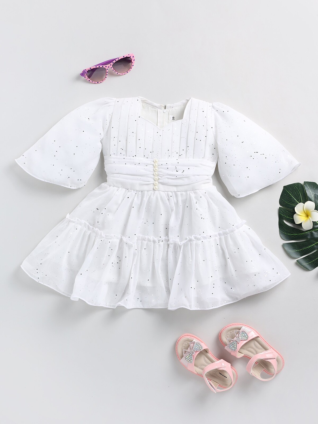 

SmartRAHO Girls Flared Sleeves Sweetheart Neck Net Fit & Flare Dress, White