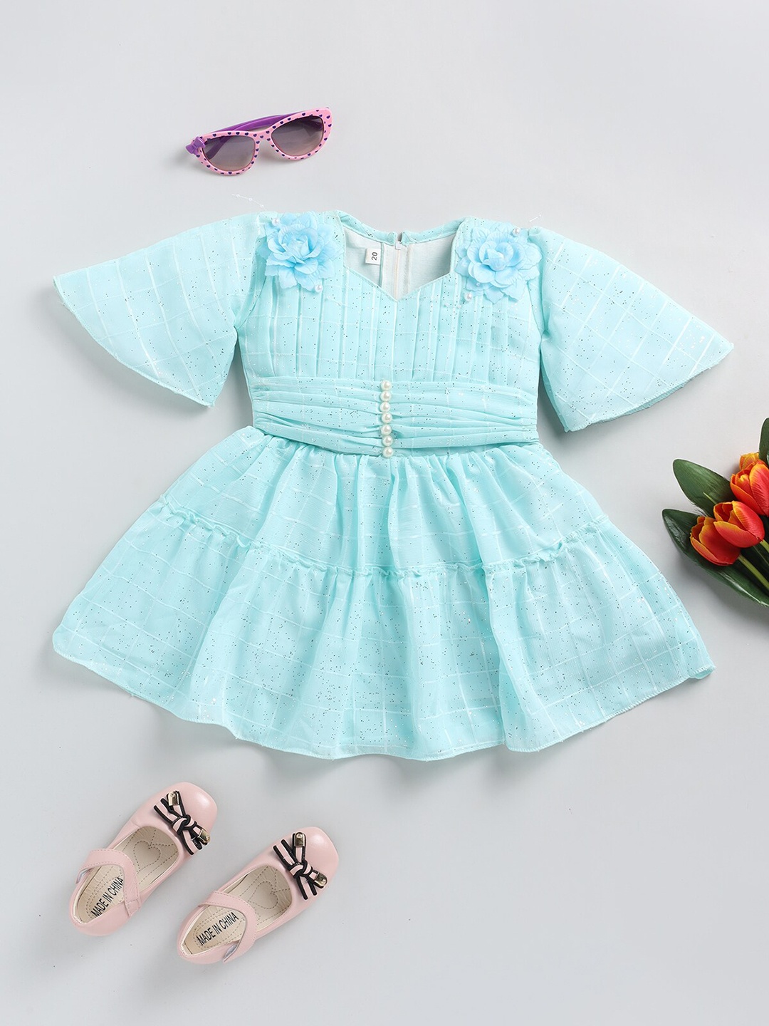 

SmartRAHO Girls Checked Embellished Net Fit & Flare Dress, Blue