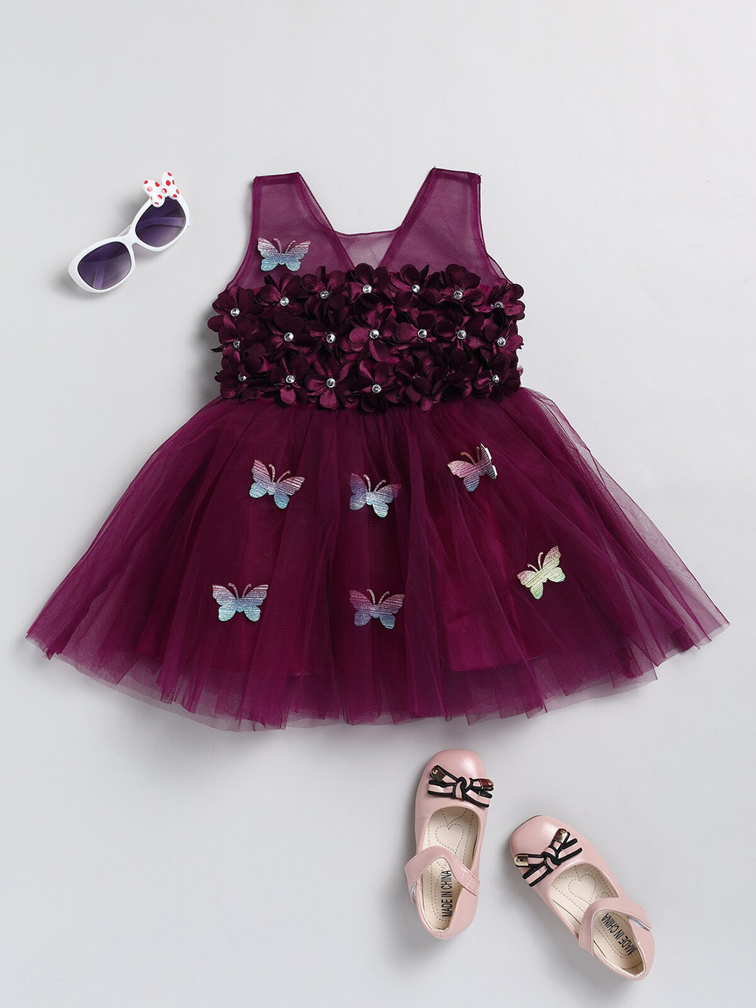 

SmartRAHO Girls Floral Applique Detail Net Fit & Flare Dress, Purple