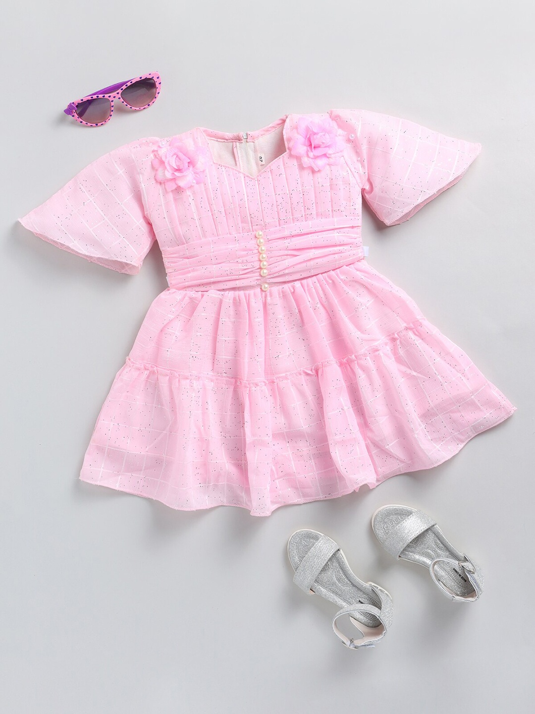 

SmartRAHO Girls Checked Embellished Net Fit & Flare Dress, Pink