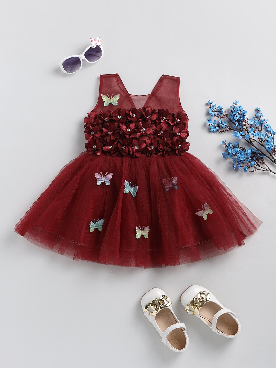 

SmartRAHO Girls Floral Applique Detail Net Fit & Flare Dress, Maroon