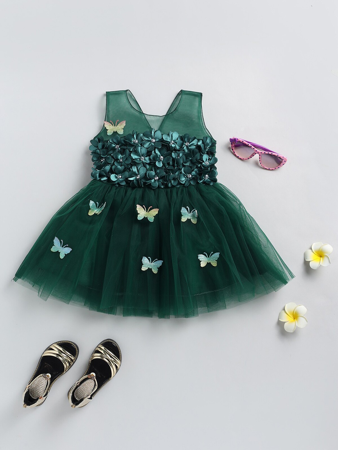 

SmartRAHO Girls Floral Applique Detail Net Fit & Flare Dress, Green