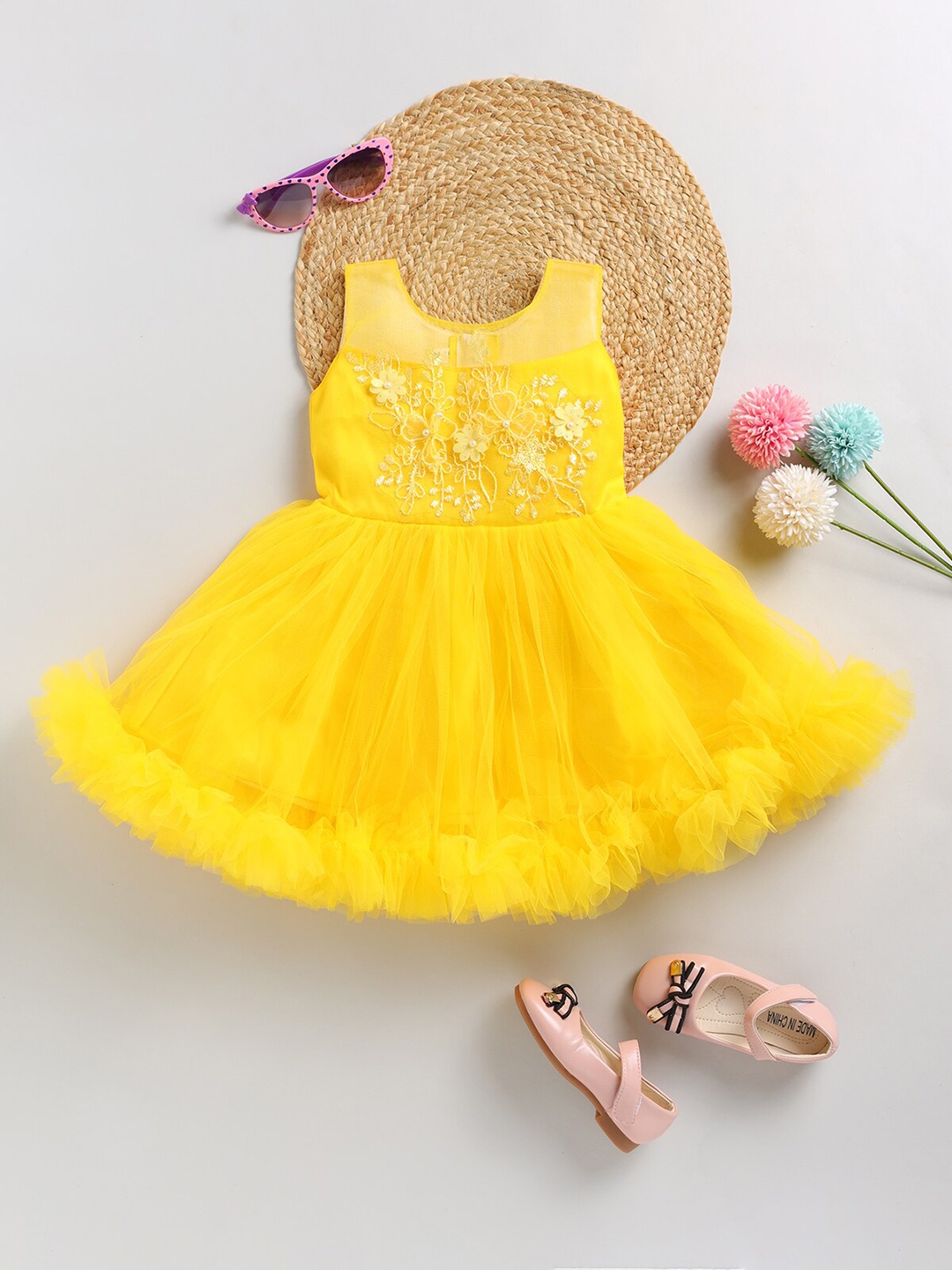 

SmartRAHO Girls Floral Embroidered Embellished Net Fit & Flare Dress, Yellow