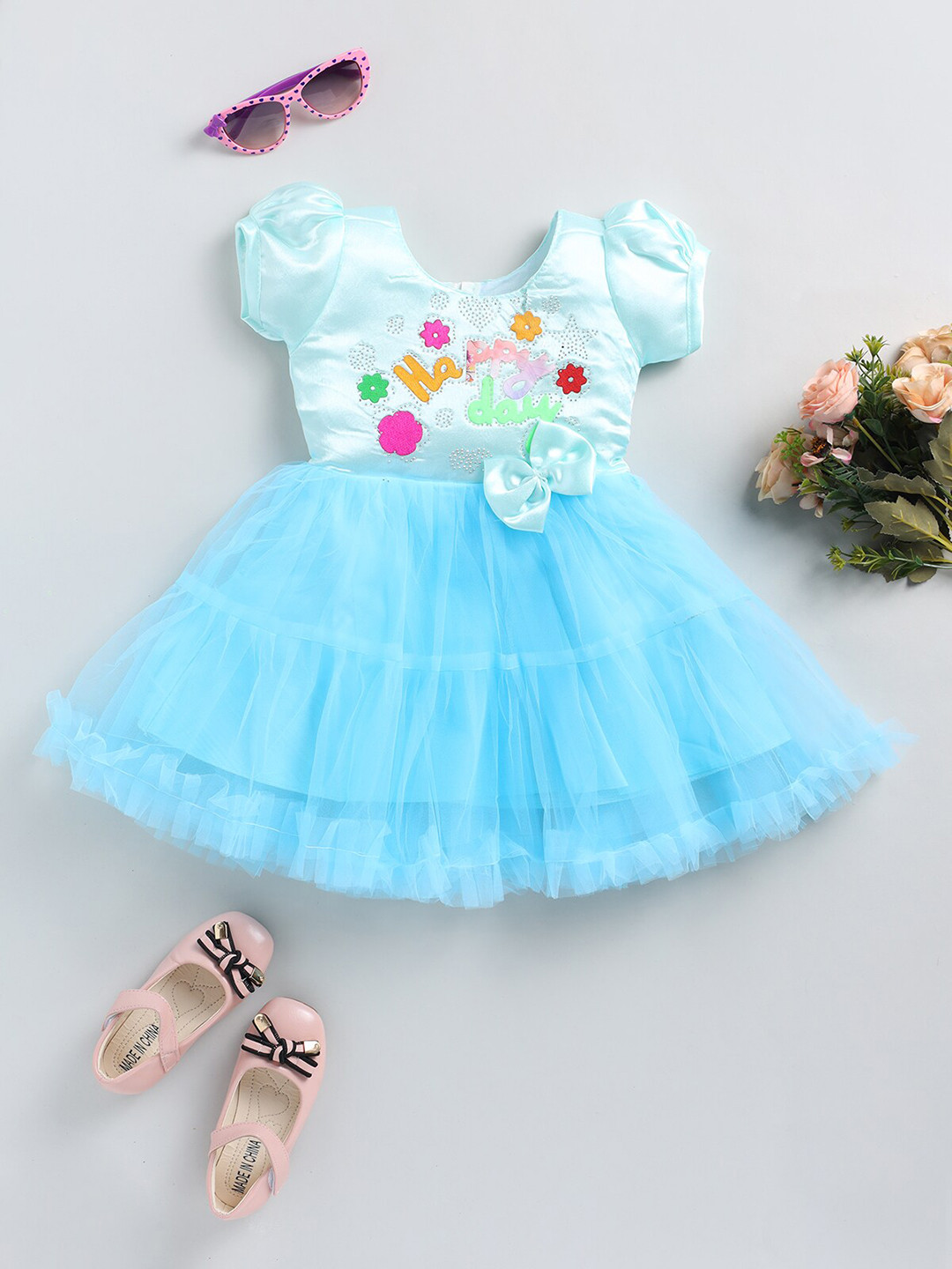 

SmartRAHO Girls Embellished Puff Sleeves Corsage Tiered Net Fit & Flare Dress, Blue