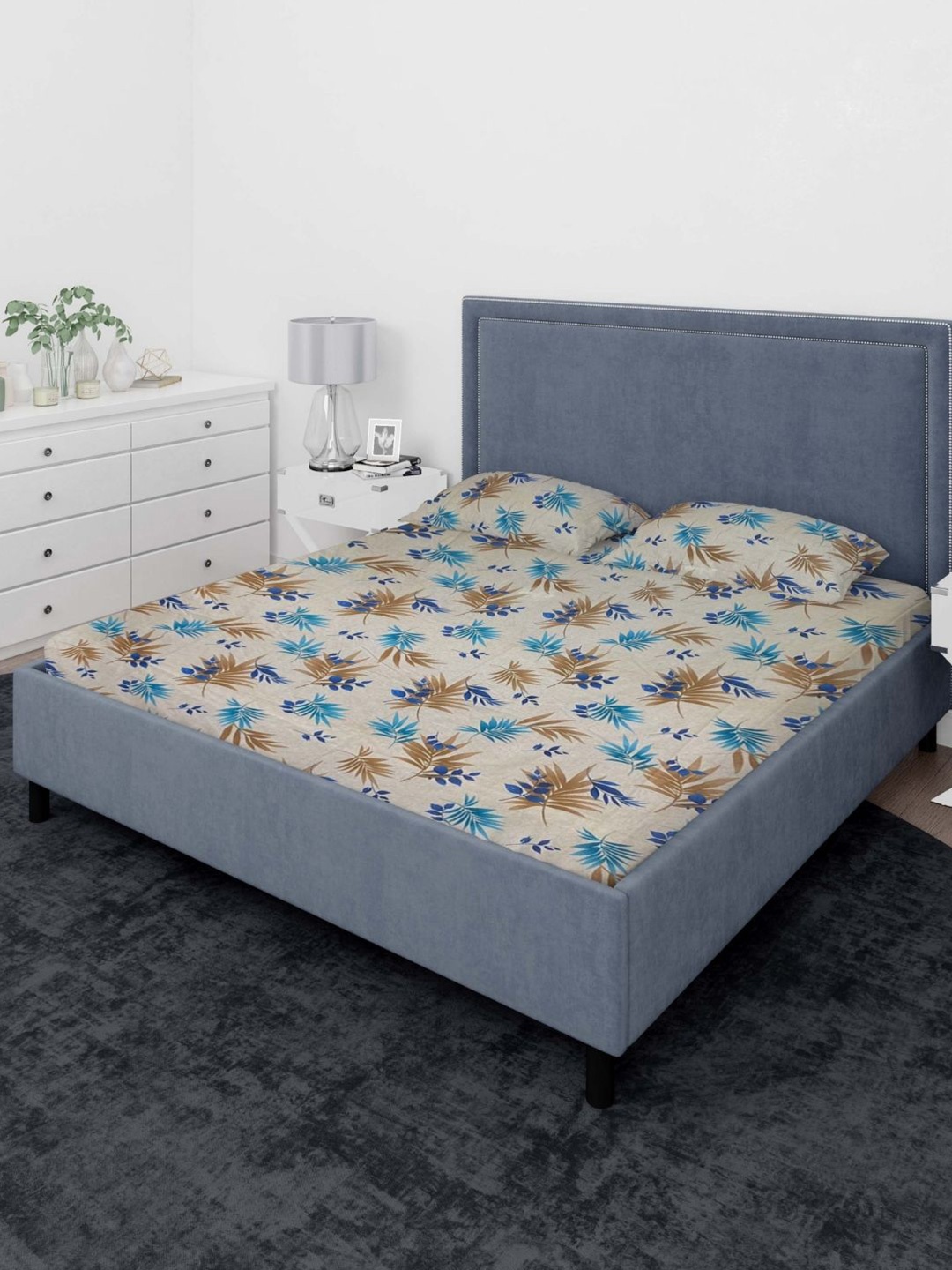 

Sleeping Owls- because your sleep matters Blue Floral 140TC King Bedsheet & Pillow Covers, Beige