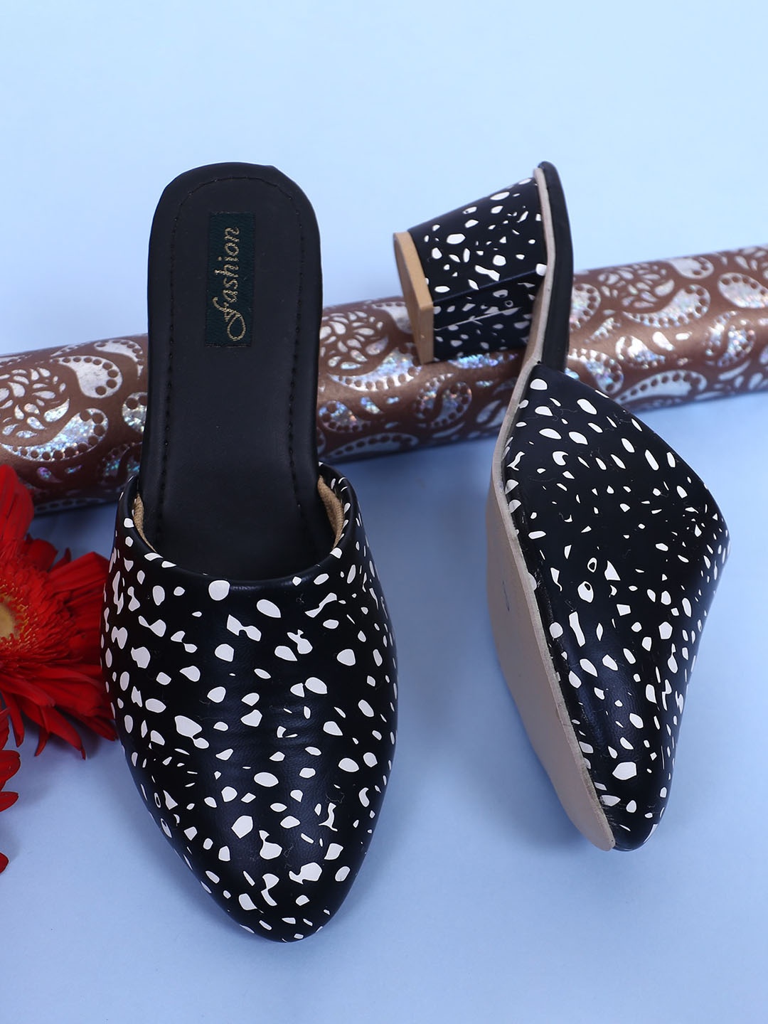 

Ravis Printed Pointed Toe Block Pumps, Black