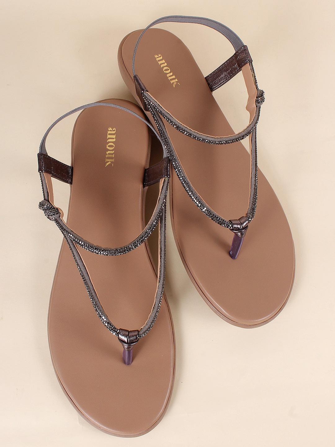 

Anouk Gunmetal-Toned Embellished Open Toe Flats, Metallic