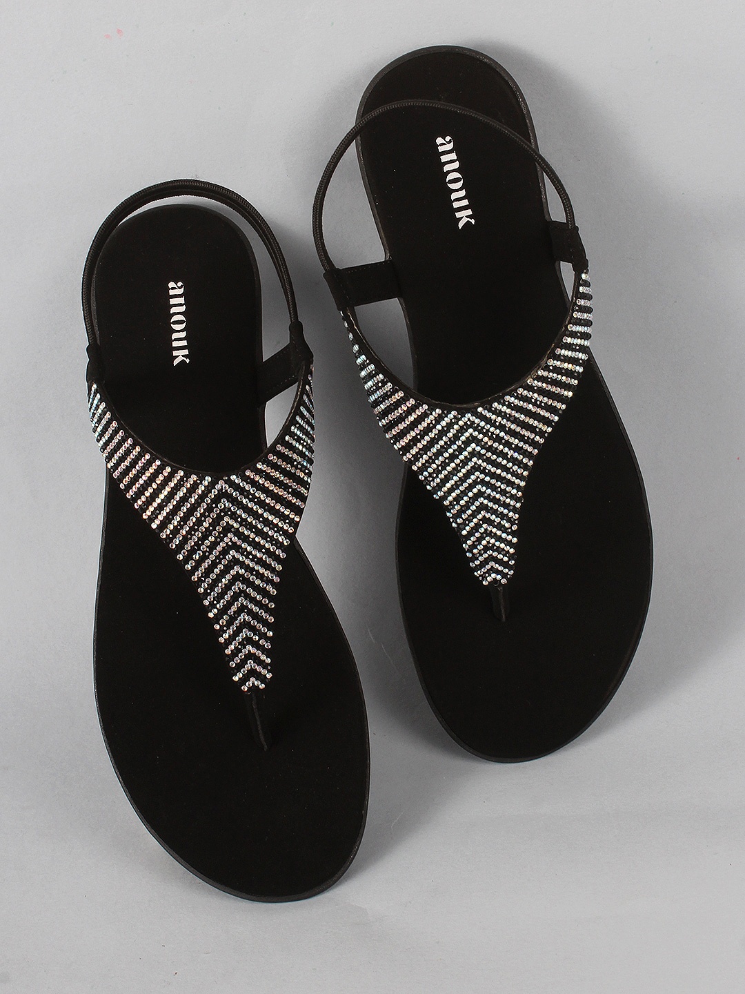 

Anouk Black Embellished Open Toe Flats With Backstrap